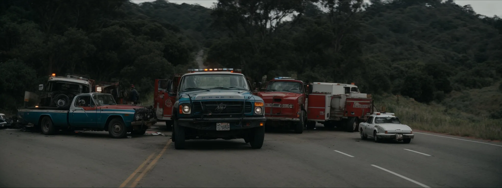 a wrecked truck and a car pulled over on the side of a san francisco road with emergency vehicles and concerned bystanders in the background.