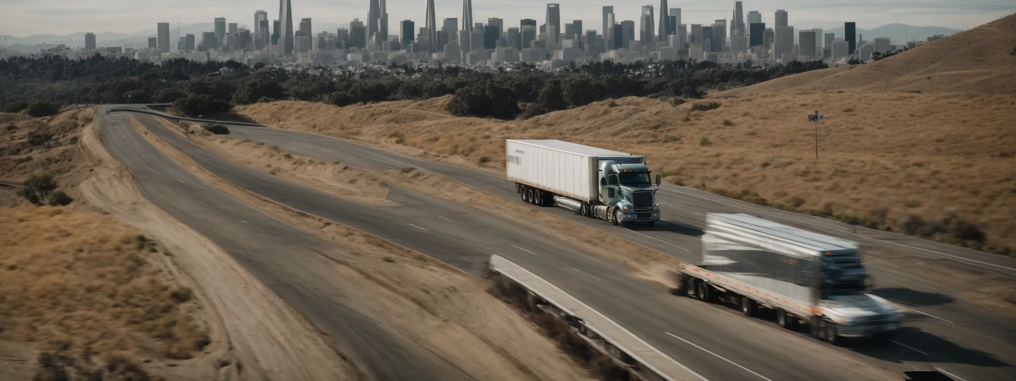 a truck drives along the bustling highways of california with the san francisco skyline in the distance.