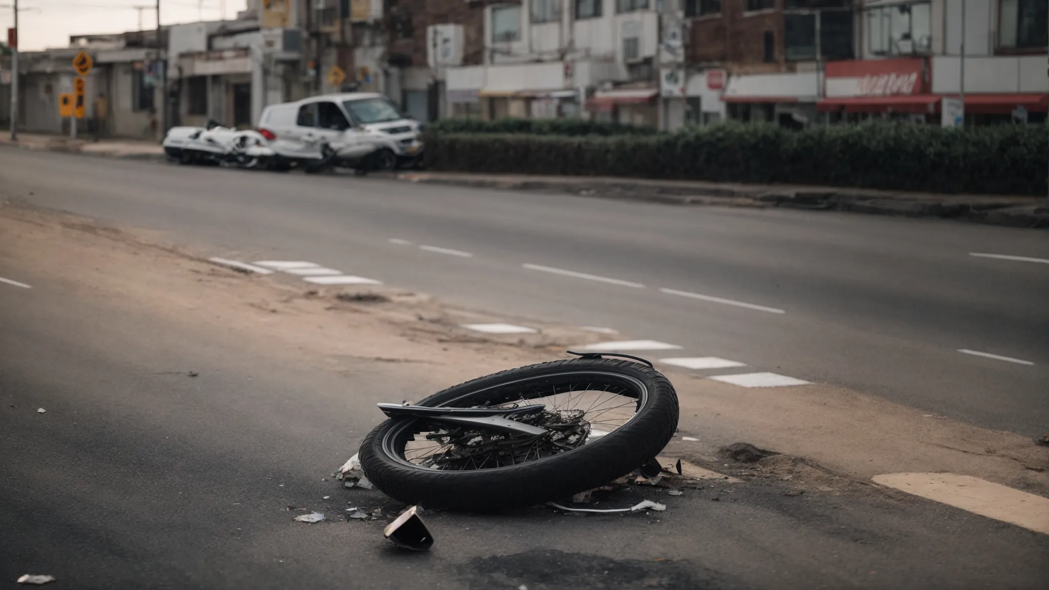 a smashed motorcycle lying next to a traffic light on an otherwise empty urban road.