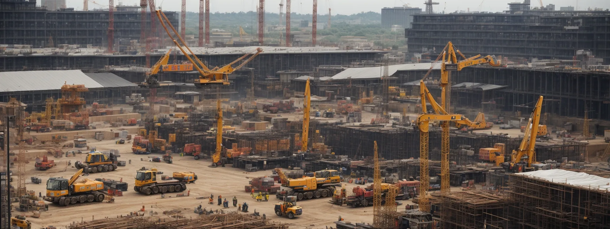 a broad view of a busy construction site with workers wearing hard hats and visibility vests amidst towering cranes and scaffoldings, illustrating adherence to safety standards.