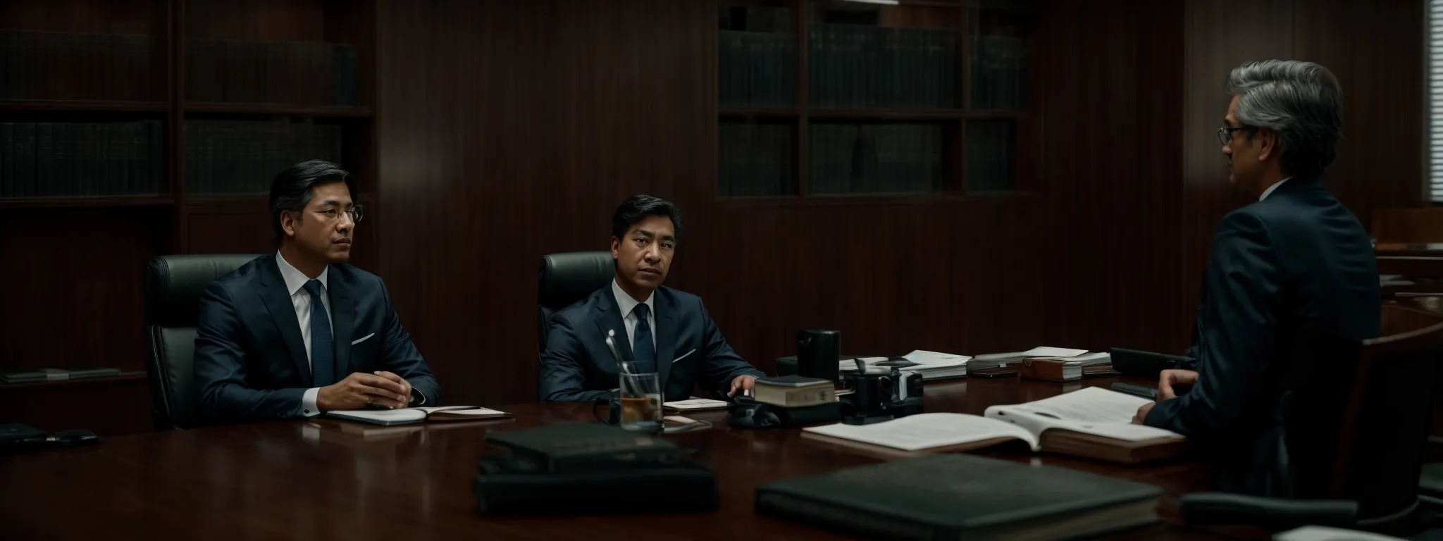 two attorneys strategize over a conference table with a focused intensity, surrounded by legal books and case files.
