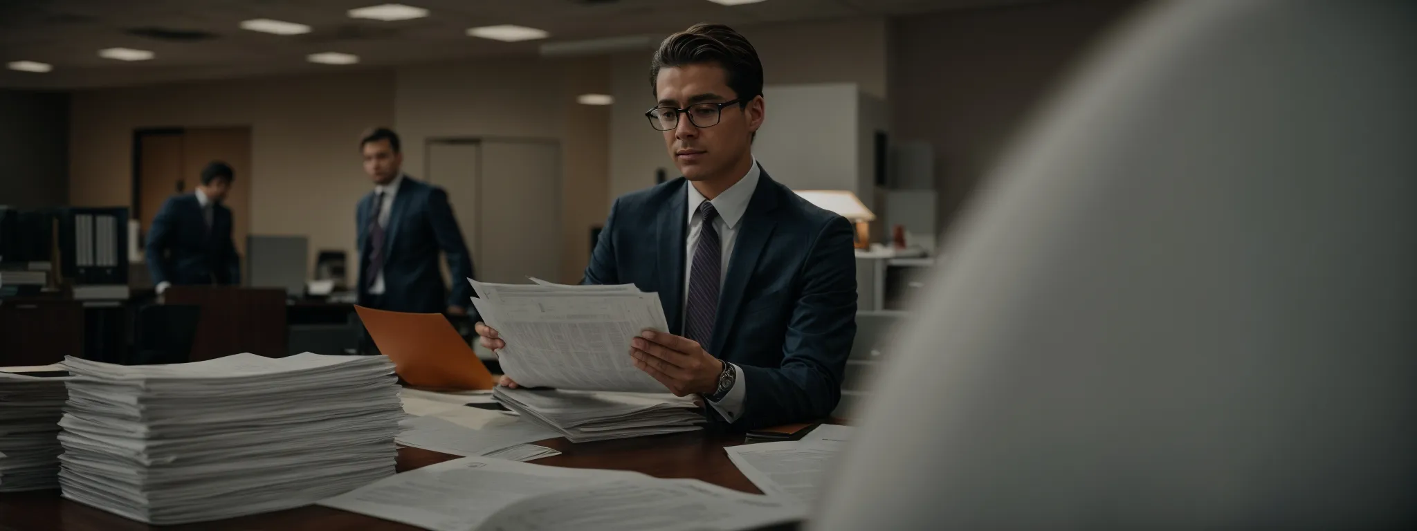 a lawyer intently reviews a stack of insurance documents in a well-lit office.