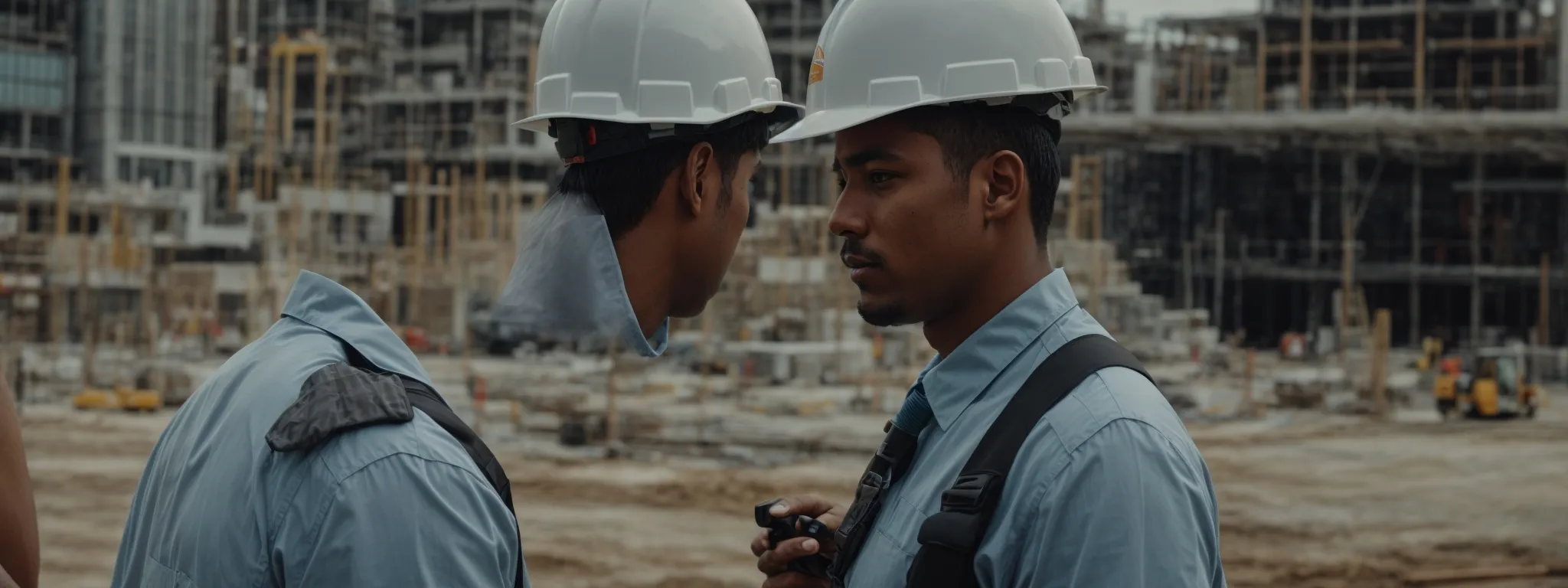 a worker in a hard hat discussing plans with a construction accident attorney amidst the backdrop of a bustling jacksonville construction site.