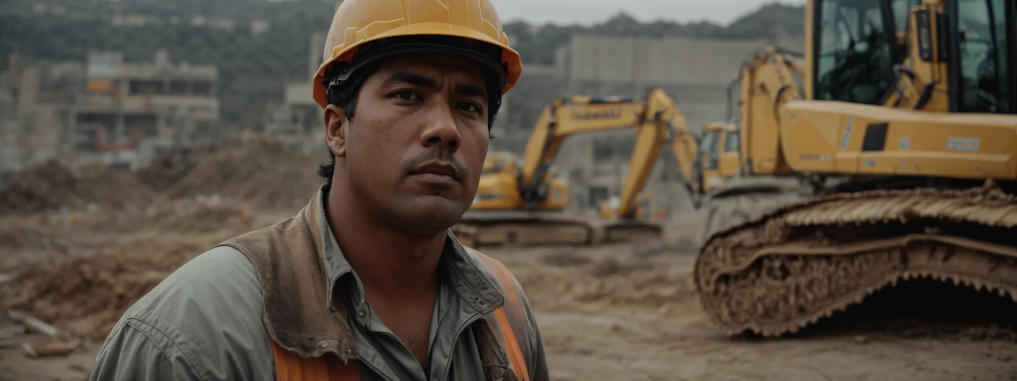 a troubled construction worker gazes at heavy machinery at a halted construction site.