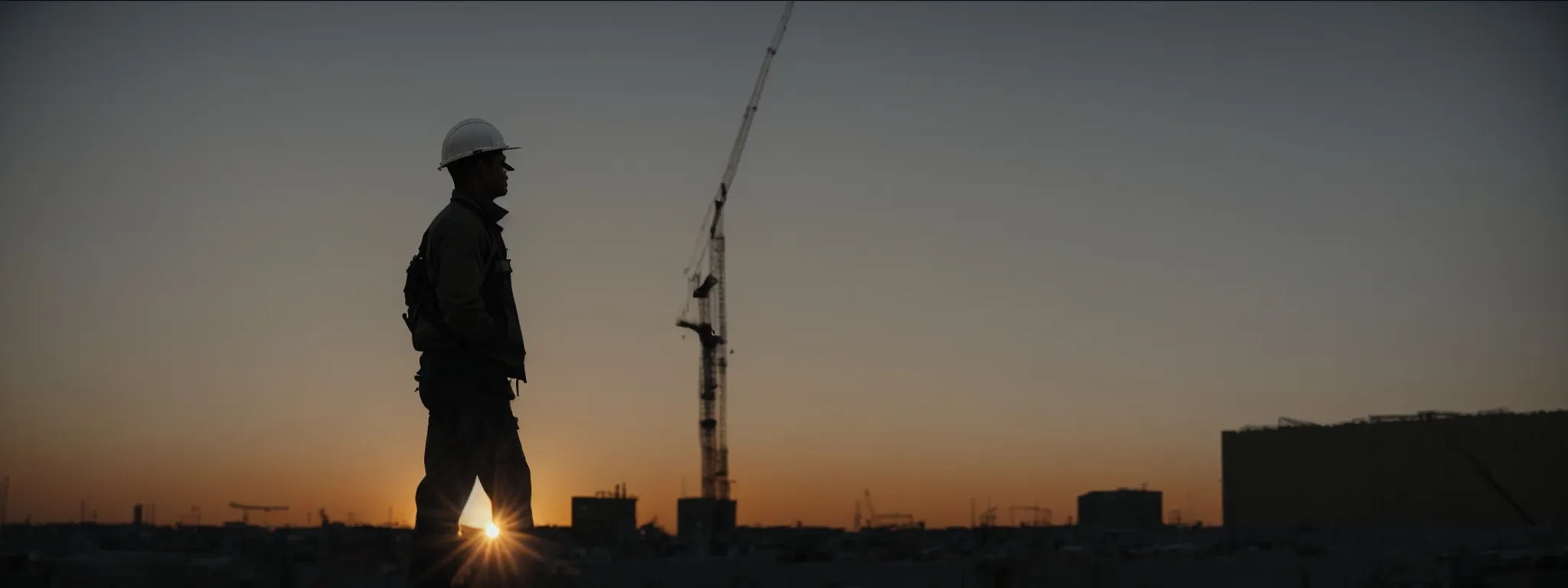 a silhouette of a construction worker with a hard hat against the backdrop of a rising or setting sun over a construction site.