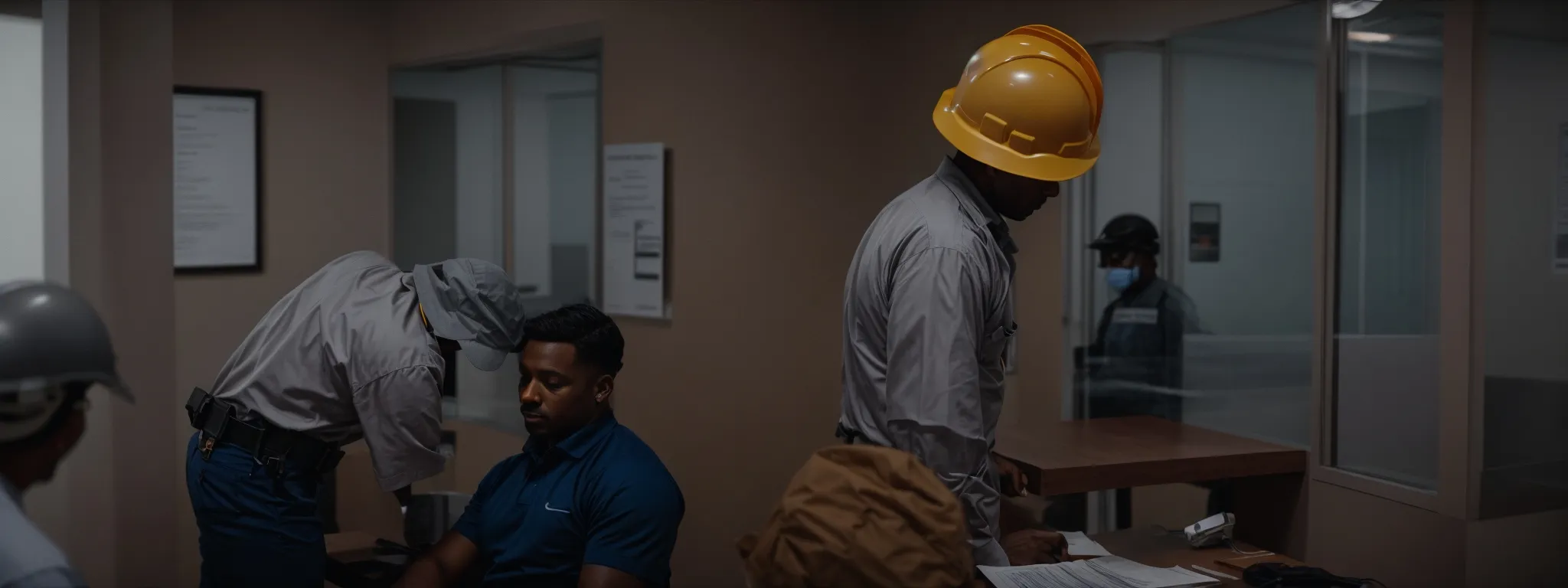 a construction worker in jacksonville consulting with an attorney in an office, with visible safety gear such as a helmet placed on the table.