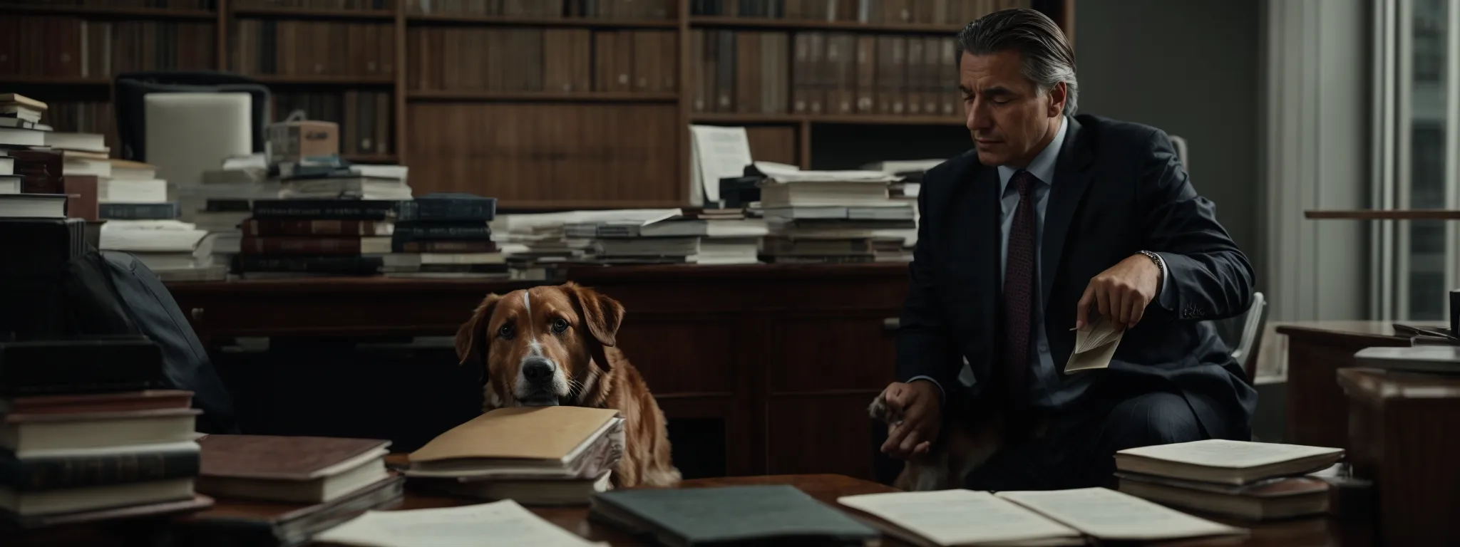 a stern-faced lawyer, flanked by legal books, consults with a distressed dog attack victim in a quiet office.