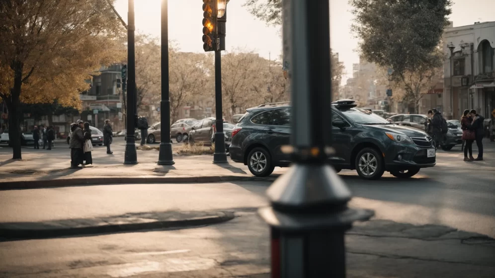a crumpled car rests against a traffic light post with two people exchanging information in the foreground.