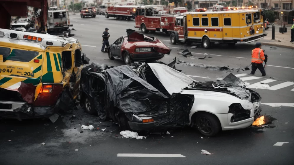 two cars collided at an intersection, their front ends crumpled, with emergency vehicles and concerned bystanders surrounding the scene.