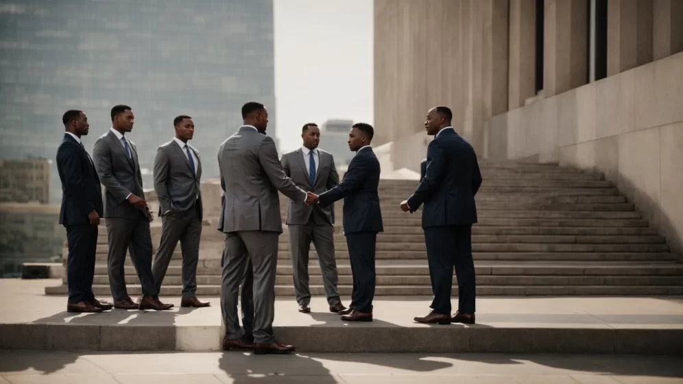 a row of polished suits shaking hands outside a courthouse steps amidst a city backdrop.
