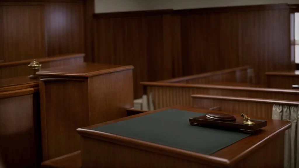 an empty courtroom with a gavel and legal documents on the judge's bench.