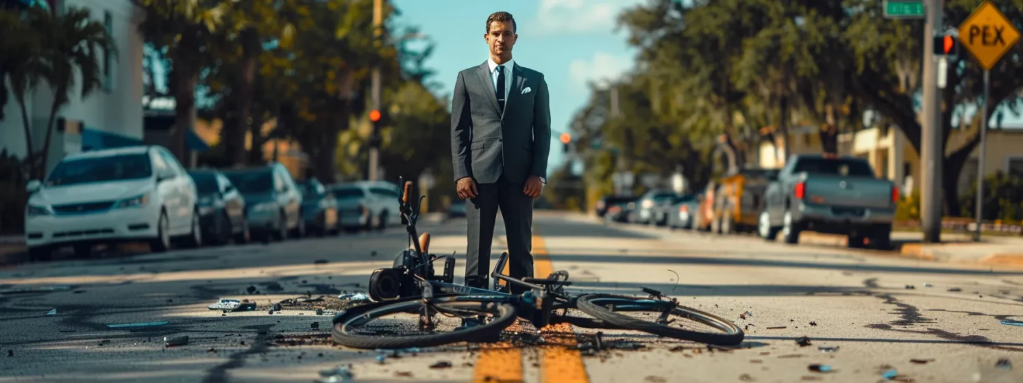 a bicycle accident lawyer standing confidently in front of a broken bike on a sunny street in clearwater.