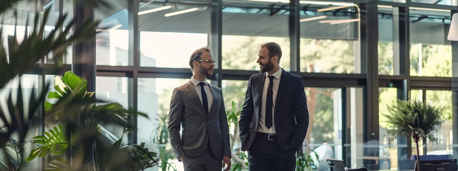 two lawyers in suits discussing a case in a modern office setting.
