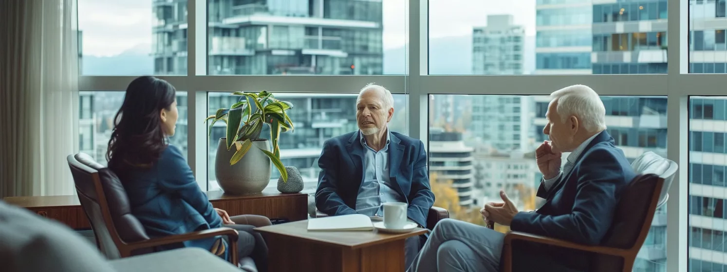 a couple sitting across from a compassionate mediator in a cozy office, discussing their divorce with understanding and support.