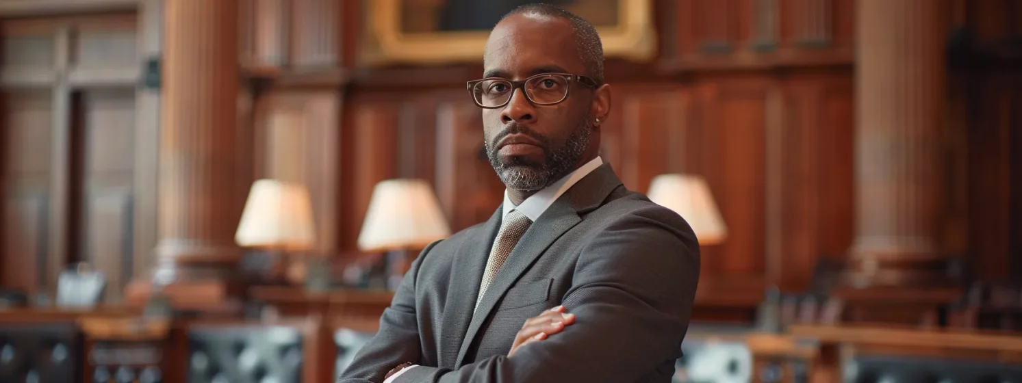 a determined georgetown traffic ticket attorney with a confident gaze, ready to fight for justice in a cluttered courthouse.