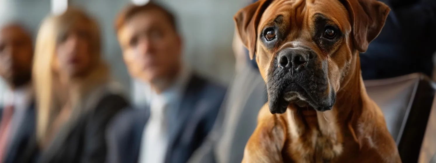 a fierce-looking dog standing in front of a group of lawyers in the city of dallas.