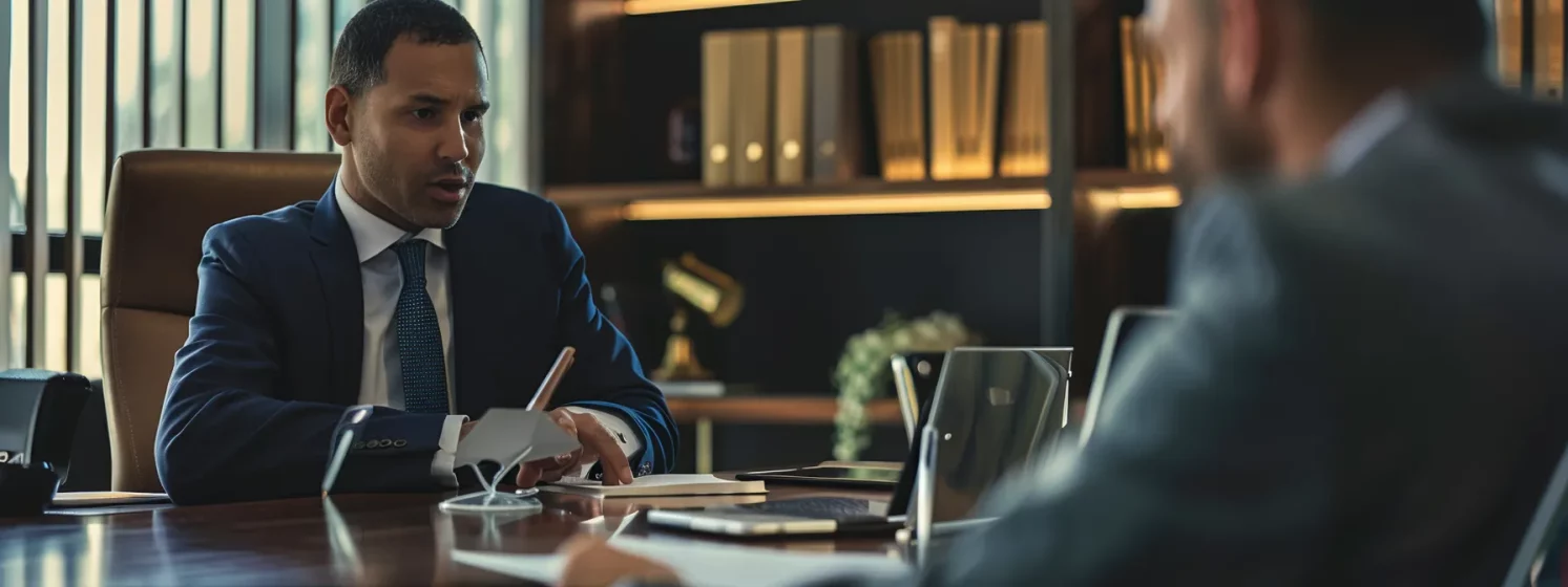 two attorneys discussing a case in a law office.