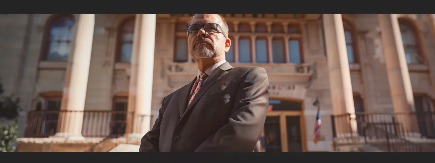 a determined personal injury attorney in el paso standing confidently in front of a courthouse, with a look of determination on their face.