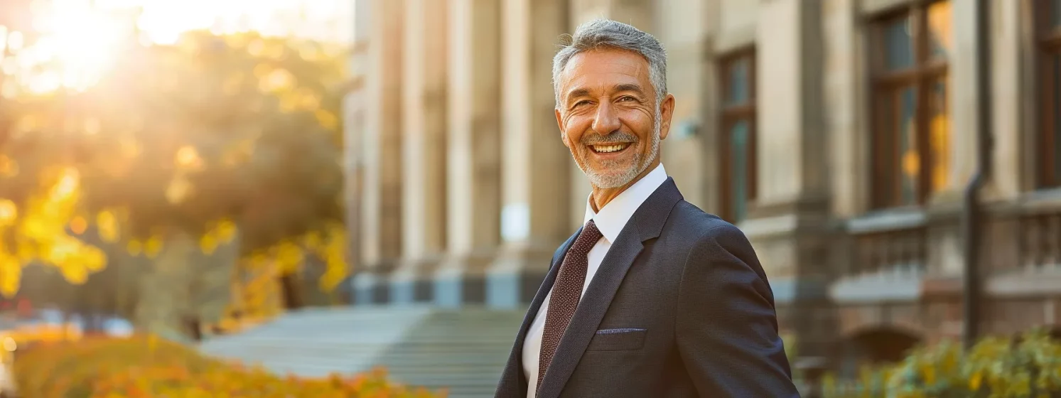 a confident lawyer in a sharp suit, standing in front of a courthouse with a warm smile, exuding professionalism and trustworthiness.
