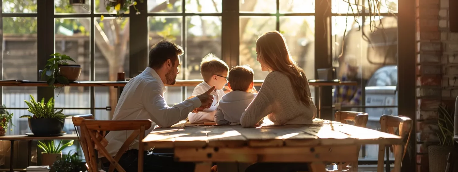 a family sitting together around a wooden table at a law firm in austin, tx, with warm sunlight streaming through the window onto their faces, creating a sense of trust and connection.