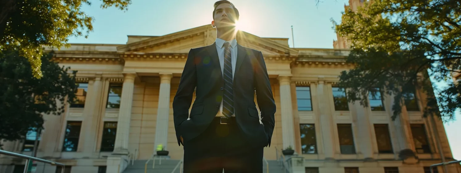 a confident attorney in a sharp suit standing in front of a courthouse, ready to fight a traffic ticket in waco, tx.