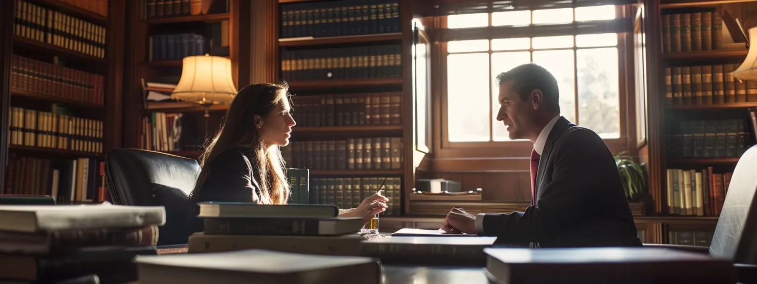 two lawyers discussing a case in their office with legal books in the background.