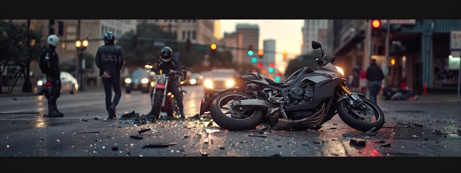 a group of motorcycle accident lawyers in austin confer solemnly beside a smashed motorcycle on a busy city street.