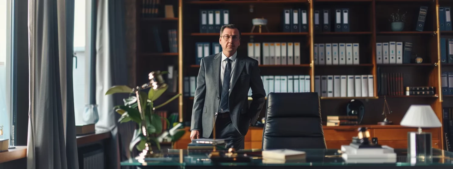 a confident lawyer in a sharp suit standing in a modern office with law books and a gavel on the desk.