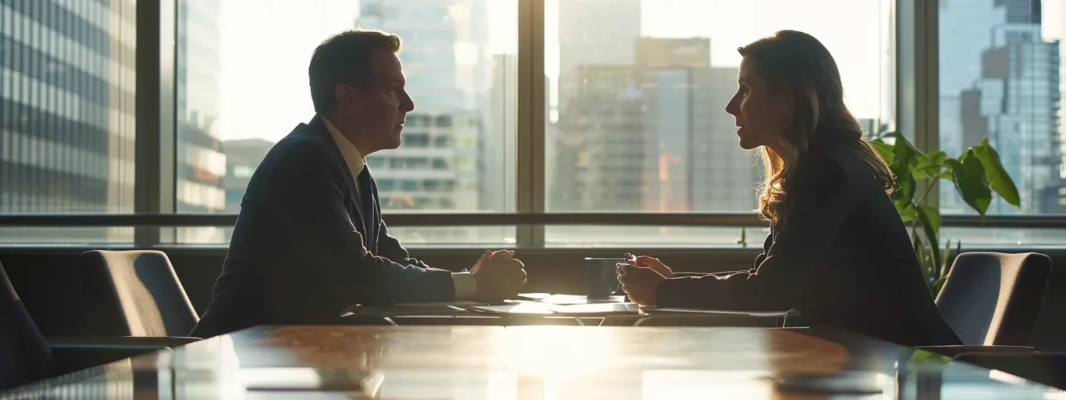 a middle-aged couple sitting opposite each other at a sleek, modern office desk with a concerned expression, surrounded by legal documents and a compassionate austin divorce lawyer.