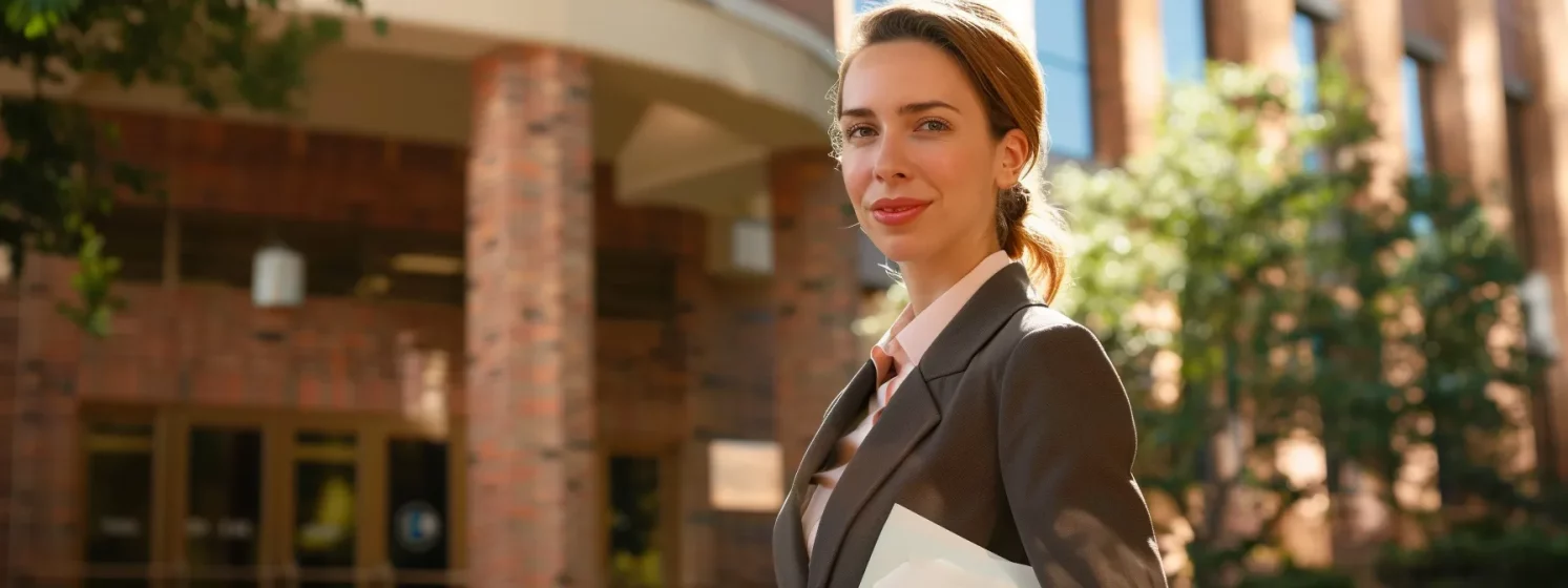 a determined personal injury lawyer in waco, texas, confidently standing outside a courthouse with a stack of legal documents under their arm.