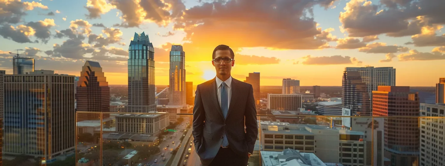 a professional lawyer confidently standing in front of a bustling cityscape, ready to take on work accident cases in san antonio.