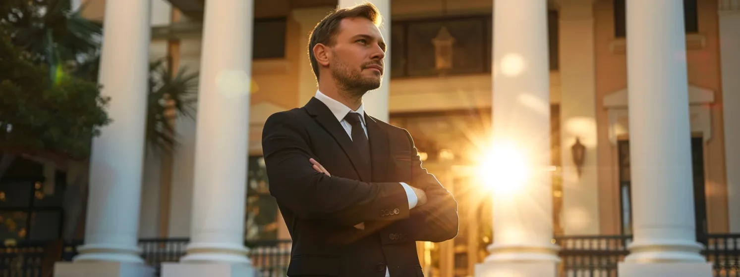 a confident attorney in a sharp suit standing in front of a courthouse, ready to defend a client against a traffic ticket in st. petersburg, fl.