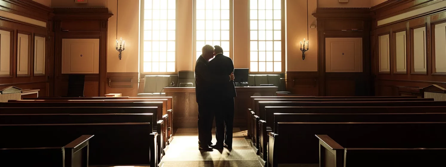 a somber courtroom with compassionate lawyers comforting grieving clients after a fatal accident.