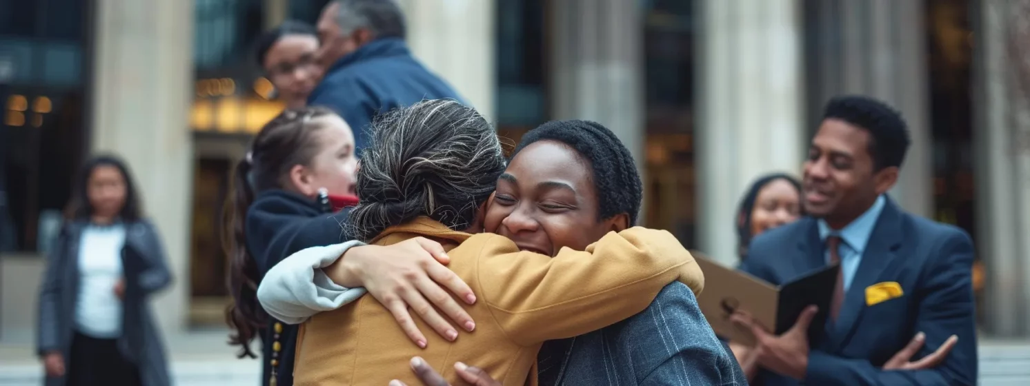 a family of four embraces each other in a warm, supportive hug outside a courthouse, with a diverse group of lawyers standing nearby, ready to help.