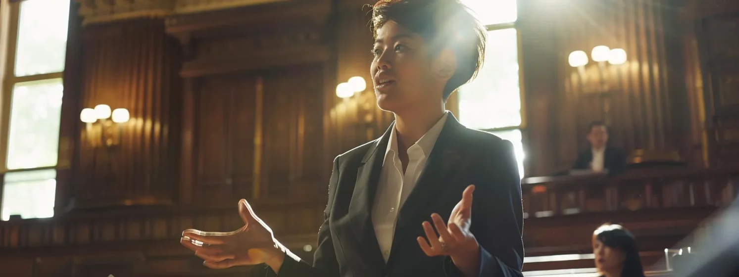 a confident attorney confidently arguing a case in a busy courtroom.
