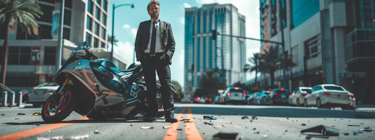 a motorcycle accident lawyer in jacksonville standing confidently beside a damaged bike on a busy city street.