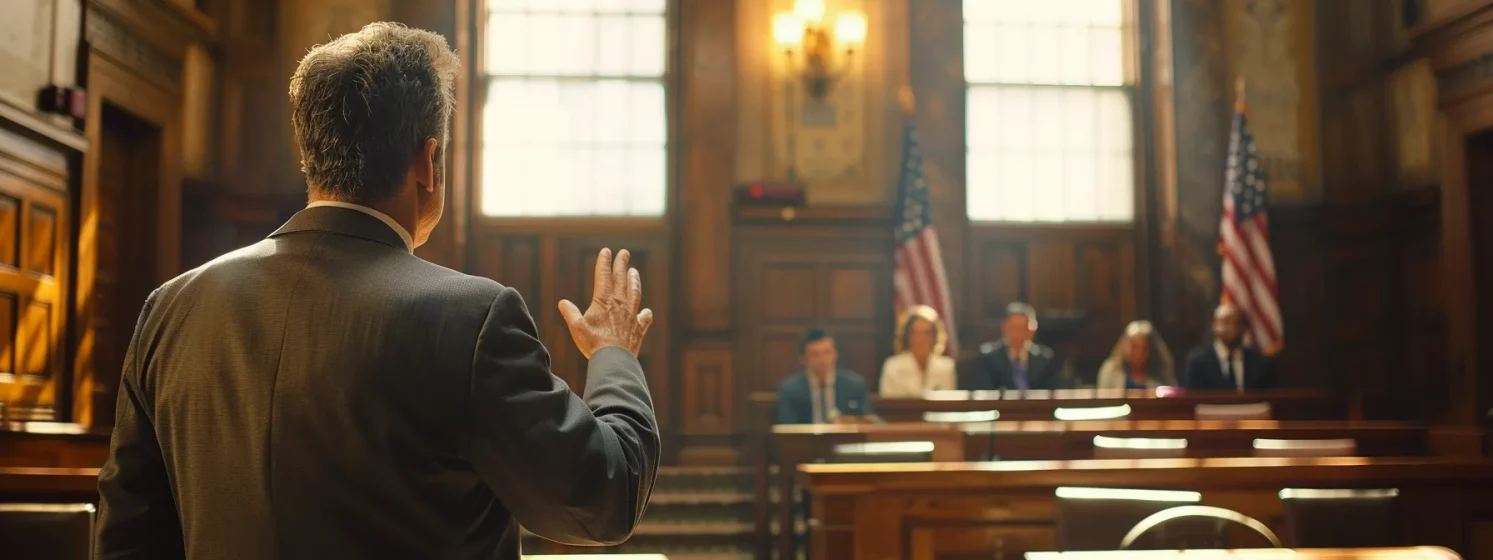 a determined traffic ticket attorney in pearland, tx passionately arguing a case in a bustling courtroom.