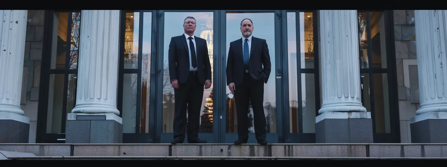 lawyers in dark suits standing solemnly outside a courthouse.