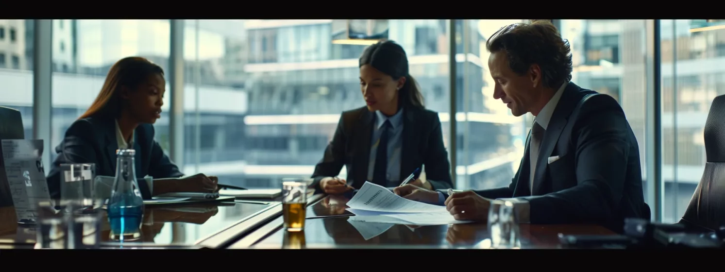 a team of determined, focused lawyers reviewing documents and discussing strategy in a modern office conference room.