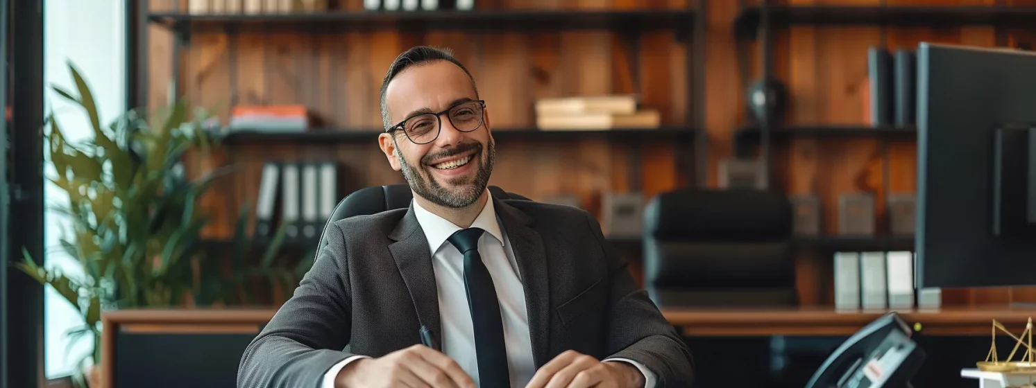 a confident lawyer in a sleek office, sitting behind a desk with a warm smile, offering expert family law services in baytown, tx.