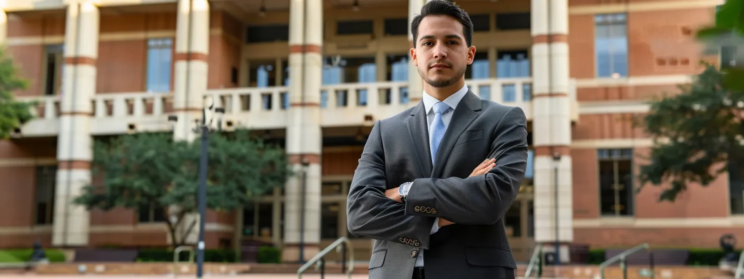 a confident lawyer in a sharp suit standing in front of a courthouse in sugar land, tx.