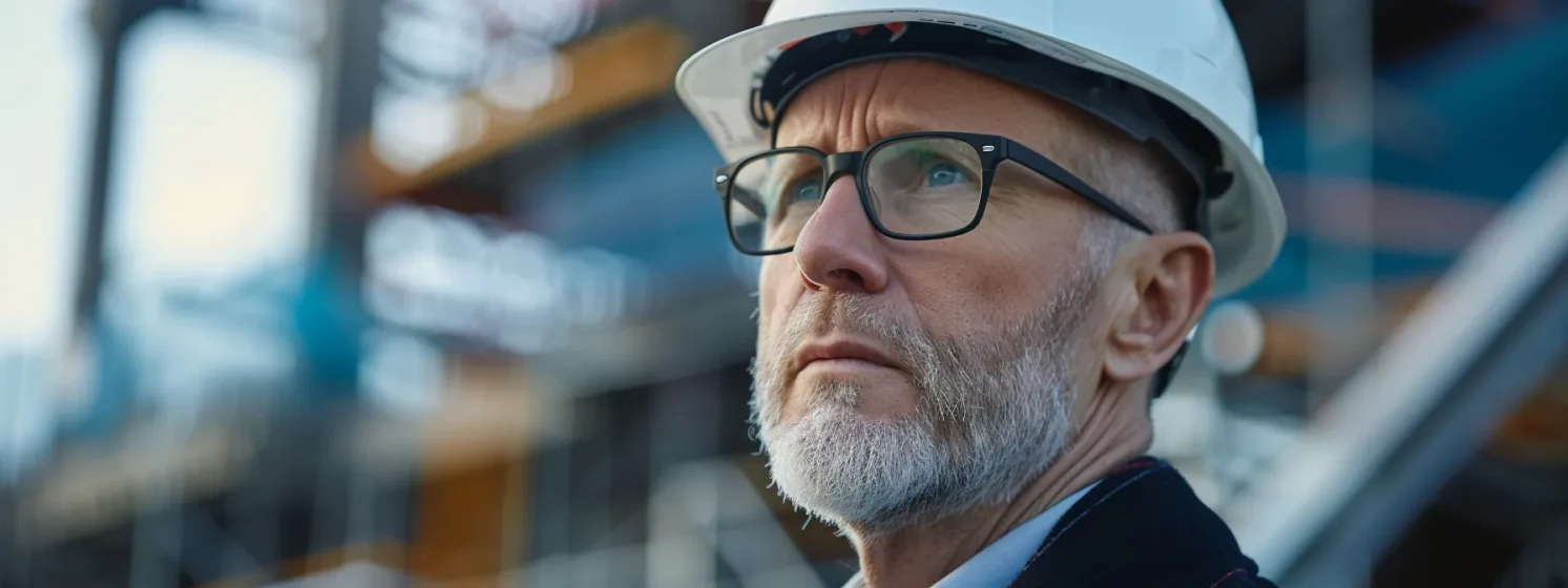 a determined lawyer in a hard hat, scrutinizing a construction site with concern in his eyes.