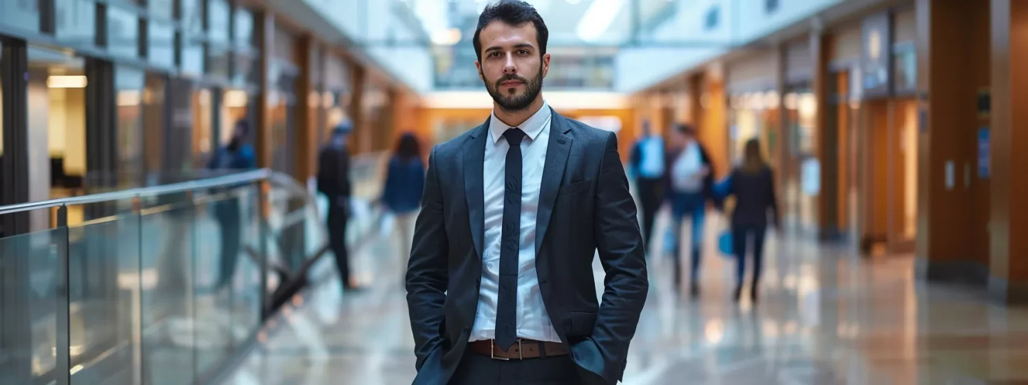 a confident lawyer in a sharp suit stands in a bustling courthouse hallway, exuding professionalism and determination.