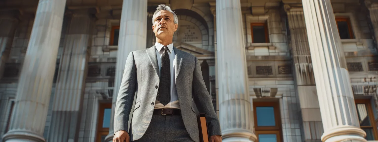 a confident lawyer in a sharp suit standing in front of a courthouse, holding a briefcase and looking determined.