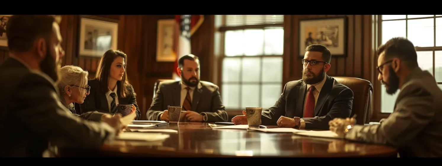 a team of motorcycle accident lawyers in sugar land confer solemnly around a conference table, reviewing case files and strategizing for their clients' justice.