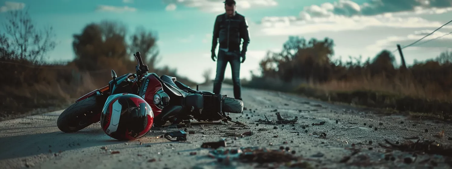 a motorcycle lawyer standing confidently in front of a shattered helmet and damaged motorcycle on a deserted road.