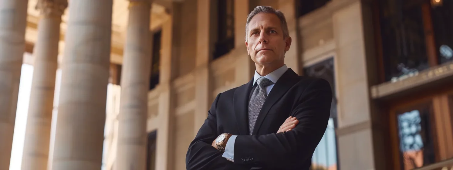 a stern-faced attorney in a sharp suit stands confidently in front of a courthouse, exuding professionalism and authority.