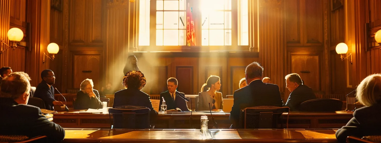 a somber scene in a dimly lit courtroom, with a group of serious-looking lawyers surrounded by files and legal documents, discussing a tragic loss case.