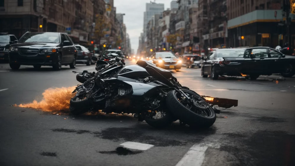 a damaged motorcycle lies at the center of a bustling city intersection with police cars flashing lights nearby.