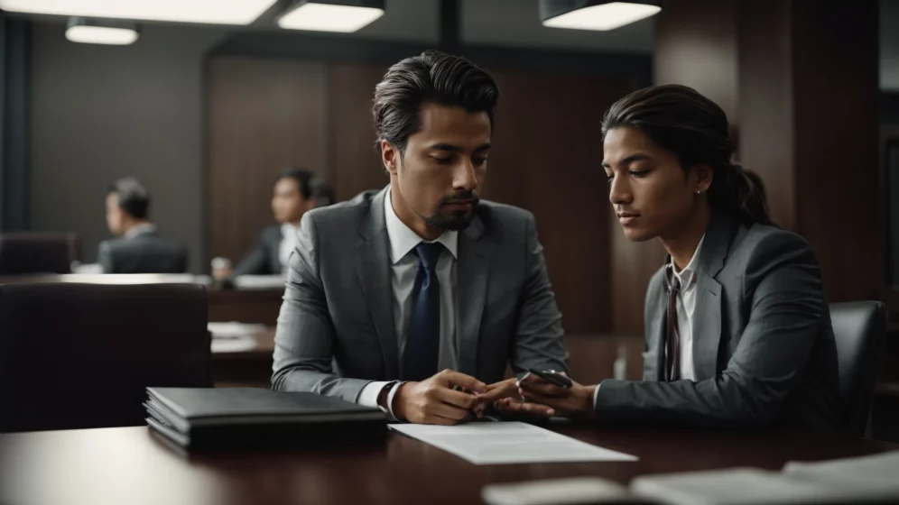 a lawyer sits across the table from a client, discussing documents in a quiet, professional office.